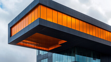Fototapeta premium A futuristic cantilevered building that combines dark concrete and vibrant orange glass panels creates a striking visual contrast