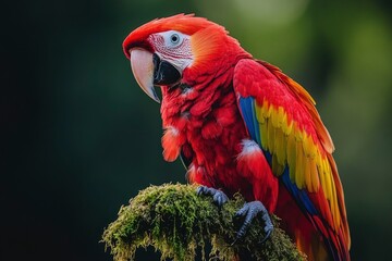 Fototapeta premium Vibrant scarlet macaw perched on a mossy branch, surrounded by lush greenery in a tropical setting