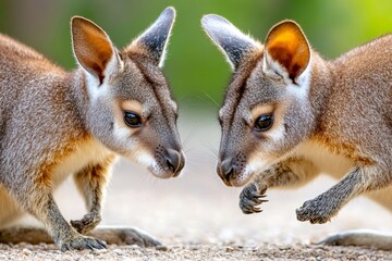 Obraz premium Stunning close up of two wallabies fighting at the beach