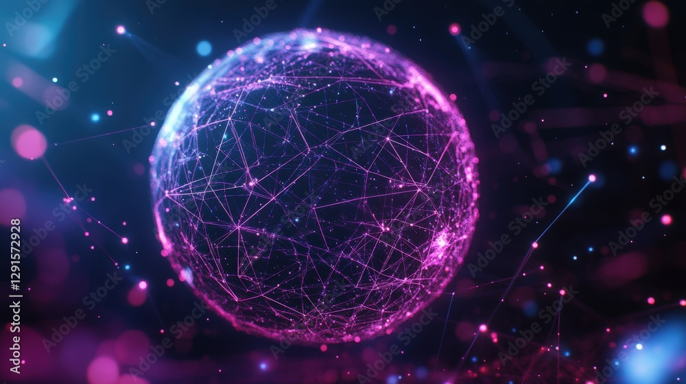 Poster sphere with connected lines and dots representing a network structure and technology concept