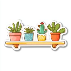 Colorful Potted Plants on Wooden Shelf with Varied Succulents