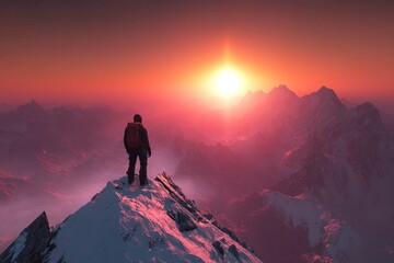 Fototapeta premium A lone climber stands on a snowy mountain peak at sunset, overlooking a vast range of peaks and valleys