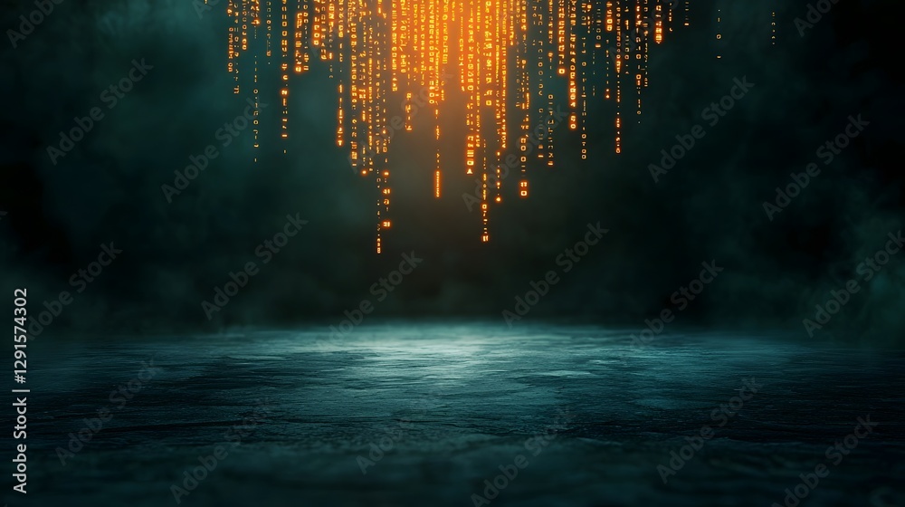 Poster flowing digital matrix code cascading over dark moody sci fi backdrop with glowing luminous elements