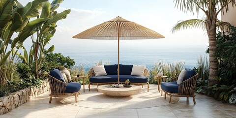Inviting Coastal Outdoor Seating Area with Ocean View and Tropical Plants