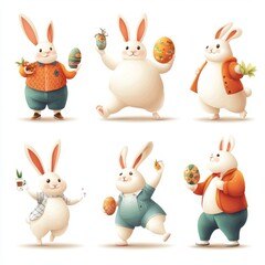 Obraz premium Cute cartoon rabbits celebrating Easter with colorful eggs and playful outfits, embodying joy and festive spirit.