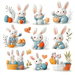 Cute cartoon bunnies playfully decorating Easter eggs, surrounded by colorful eggs and nature elements, creating a cheerful springtime vibe.
