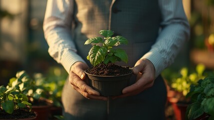 Gardener's Hands Holding a Young Plant in a Greenhouse