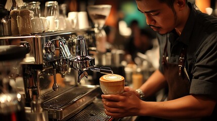 Barista crafting latte art in coffee shop.