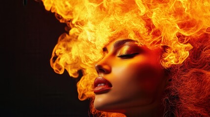 Fototapeta premium Surreal portrait of a woman with fiery flames and abstract elements for creative design.