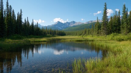 Serene Wilderness Landscape with Lush Greenery and Mountain Reflection in Calm Waterbody Under Clear Blue Sky