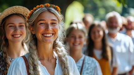 Fototapeta premium Woman with long hair standing outdoors in natural light with a serene expression