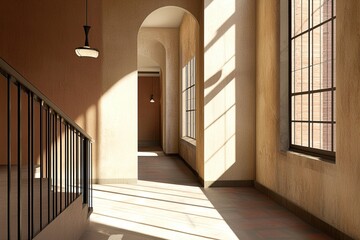 Natural light streams through large windows in a modern, elegant hallway with arched details