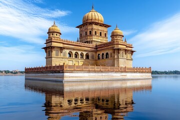 Fototapeta premium Sunrise over Indian Palace reflected in lake water India travel touris architecture landmark building monument destination historical ancient culture religion faith golden hour