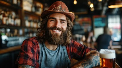 Obraz premium Man with beard and hat holding a beer in a casual setting outdoors