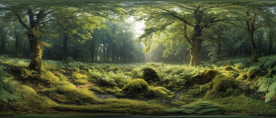 Obraz premium Sunlight Filters Through Lush Green Canopy in a Tranquil Forest at Dawn, Creating a Serene Atmosphere With Vibrant Flora and Gentle Shadows