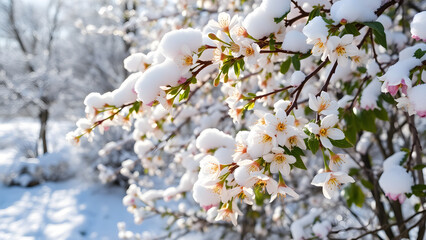 Obraz premium Flowers are covered in snow on their branches and leaves in the bright morning.