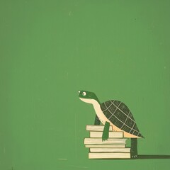 Happy turtle teacher with a stack of books on a vibrant green background perfect for educational themes