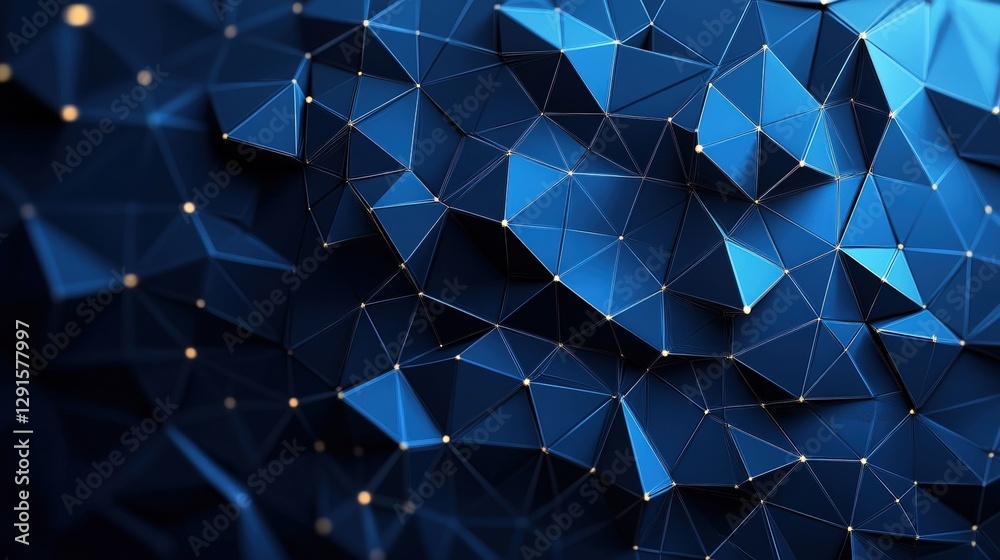 Poster blue background filled with small triangles creating an abstract geometric pattern and photo composi