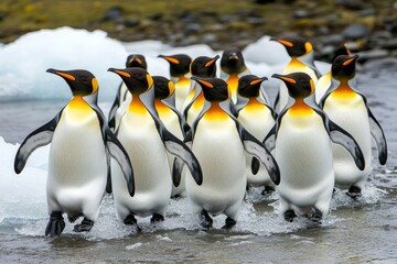 Fototapeta premium Group of Emperor Penguins Walking Together on Icy Terrain