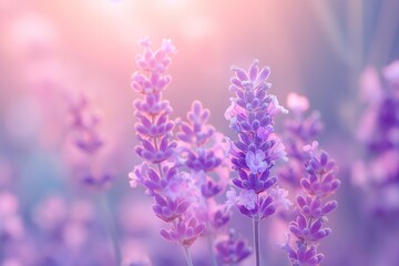Fototapeta premium Delicate lavender blooms with soft hues under a gentle sunset glow, creating a serene and tranquil atmosphere.