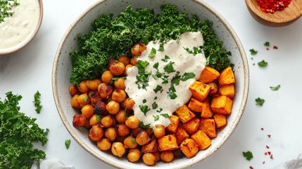 Healthy Chickpea & Sweet Potato Bowl with Kale & Creamy Dressing on White Marble