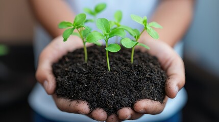 Young Hands Holding Soil with Green Seedlings in a Nurturing Gesture of Growth and Nature Care