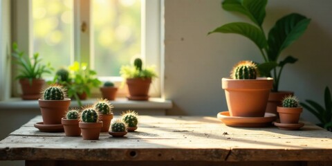 Sunlit Rustic Table with Small Potted Cacti and Succulents Basking in Warm Light