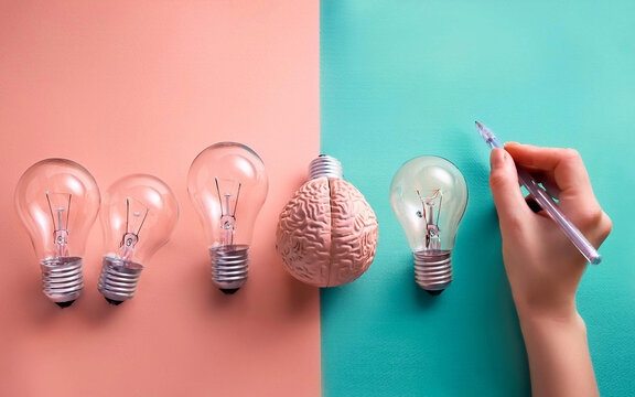 un bombillo lampara de luz, mente, cerebro, foco lampara, iluminacion de ideas creativas e imaginacion, concepto  
