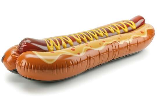 A vibrant inflatable hot dog pool float with yellow mustard and ketchup details, perfect for summer fun.