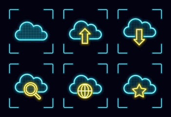 Cloud symbol set, cyber neon visual, glowing border grid vector.