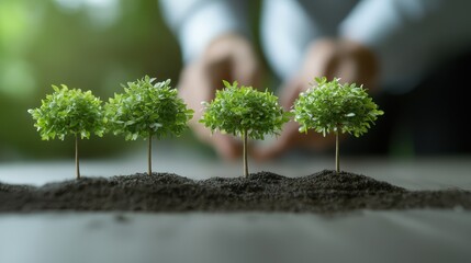 Focused Hands Nurturing Small Green Trees on Ground in Bright Indoor Environment for Growth Concept