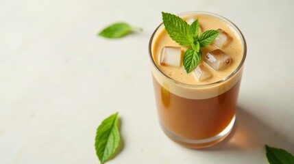Refreshing Iced Coffee Beverage with Creamy Foam and Mint Garnish