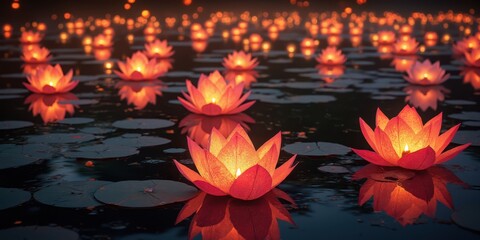 lotus flowers floating in water with lights