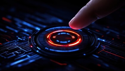 Obraz premium A close-up of a finger tapping a glowing futuristic interface in a dark environment.