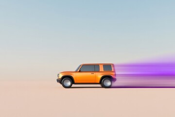 Fototapeta premium Dynamic orange car speeds across minimalist desert landscape, le