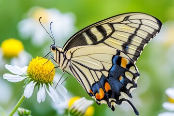 Naklejka premium Swallowtail butterfly poised on a chamomile flower with a soft focus background of white flowers and green stems