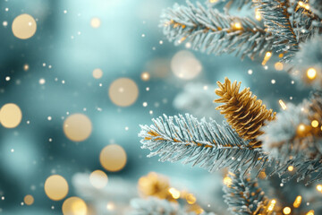 Frosty pine branches with golden cones and glowing lights in a serene winter landscape