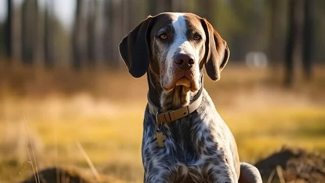 A dog relaxes in a sunlit meadow among the trees.