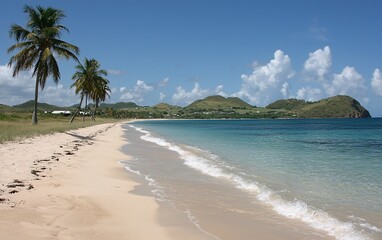 Fototapeta premium Tranquil Caribbean beach with palm trees, white sand, turquoise water, and rolling hills under a blue sky.