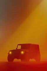 Silhouette of rugged vehicle illuminated in warm, atmospheric ha
