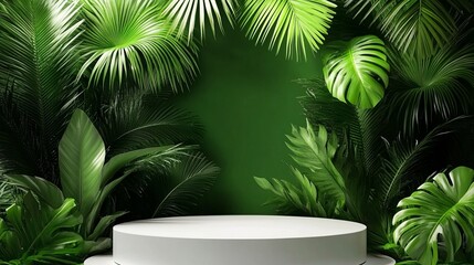 A Circular Pedestal is Surrounded by Lush Green Plants in a Serene Indoor Environment Designed for Presentations or Displays During Evening Events