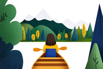 a 2D cartoon illustration of a person canoeing across a calm lake, peaceful and relaxing, white background