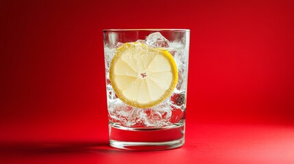 Refreshing Beverage With Ice and Lemon Slices on a Vibrant Red Background, Capturing the Essence of Summer Relaxation and Enjoyment
