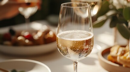 Naklejka premium Sparkling Wine in Glass with Bubbles at Elegant Table Setting in Soft Natural Light with Flowers and Fruits