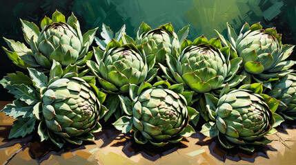 Fototapeta premium Artichokes arranged on wooden surface in vibrant painted style for culinary purposes