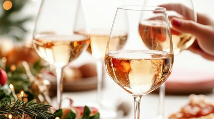 Naklejka premium Elegant celebration with sparkling wine in glasses, festive setting with holiday decor and food close up