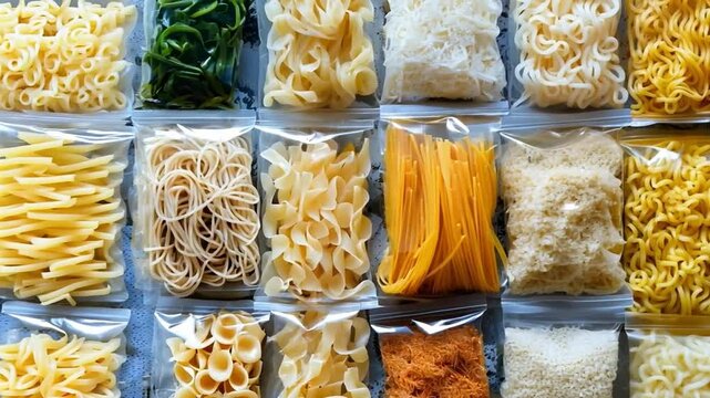 Discover different kinds of pasta neatly packaged for meal preparation.