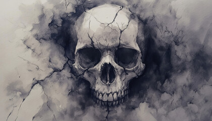 Haunting skull illustration with cracked surface and dark shadows, evoking sense of mystery and intrigue. artwork captures essence of macabre and beauty of decay