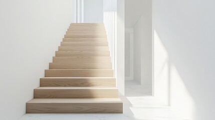 Fototapeta premium Wooden staircase in a bright, minimalist interior, bathed in sunlight. Symbolizes upward mobility and progress. Ideal for real estate and architectural design.