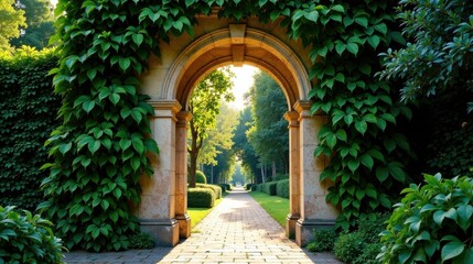 Fototapeta premium Stone Archway Pathway Framed by Lush Green Foliage, Leading to a Serene Garden Landscape